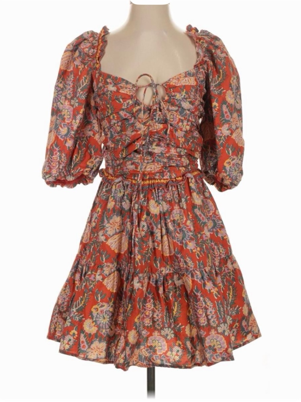 Rust Floral Puff-Sleeve Mini Dress with Tie Front